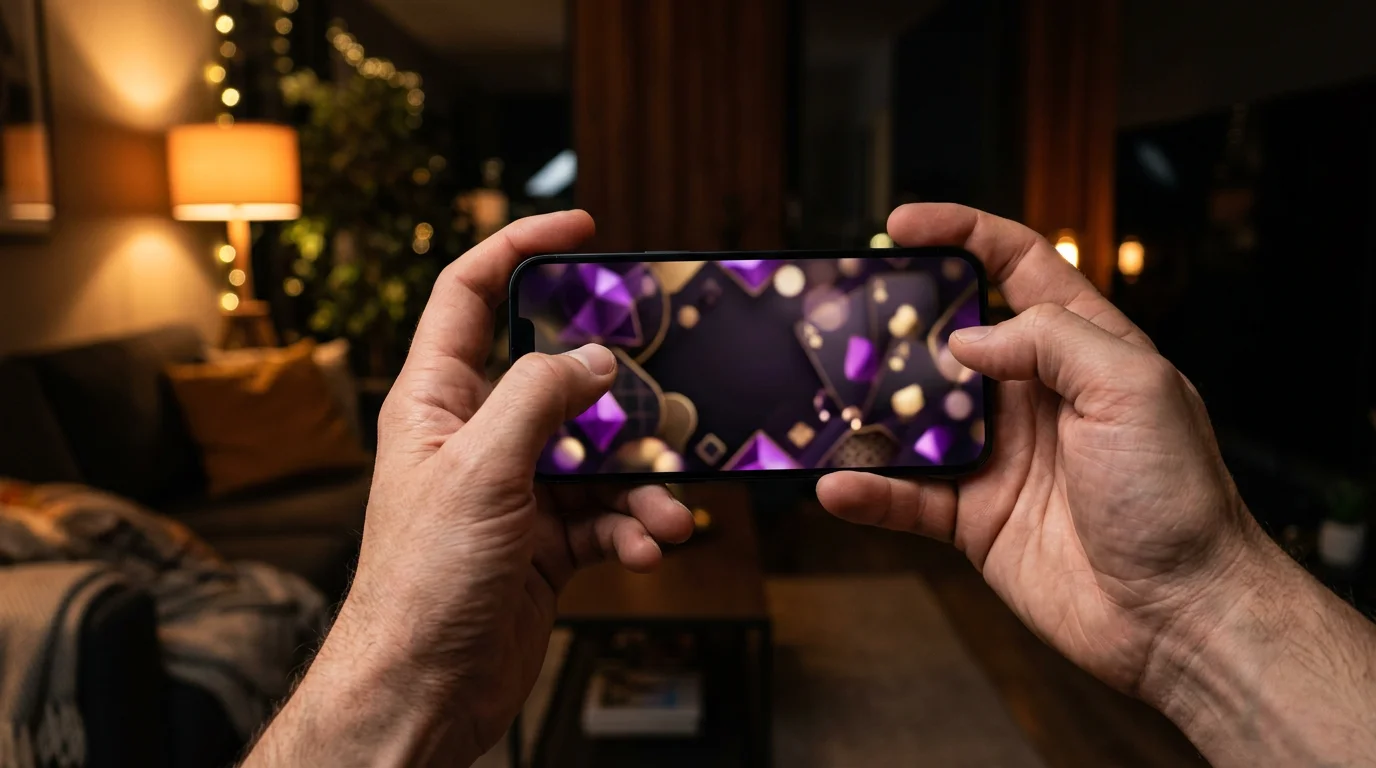 Ilustrace mobilního hraní kasinových her na chytrém telefonu v potemnělém večerním prostředí domova.